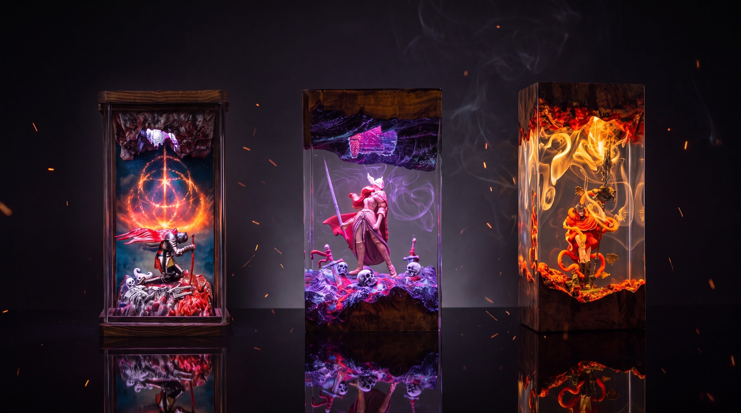 Handmade dark-fantasy resin lamps glowing in the dark